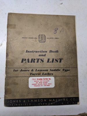 Jones Lamson Machine #8A Saddle Lathe Parts List Manual Operator 1938