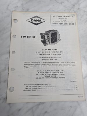 Dana Service/Repair Parts List Catalog Manual Model 840 Series Pto 1972