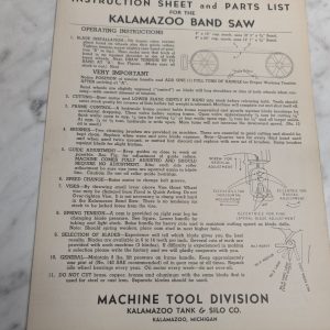 Kalamazoo Band Saw Instruction Sheet Illustrated Parts List Machine Tool
