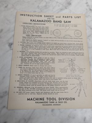 Kalamazoo Band Saw Instruction Sheet Illustrated Parts List Machine Tool
