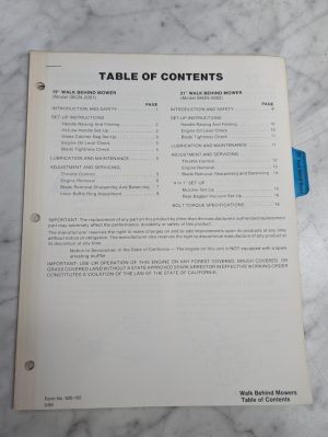 Ford Repair Service Manual 19" 21" Walk Behind Mower Model 09Gn 2001 2002 1984