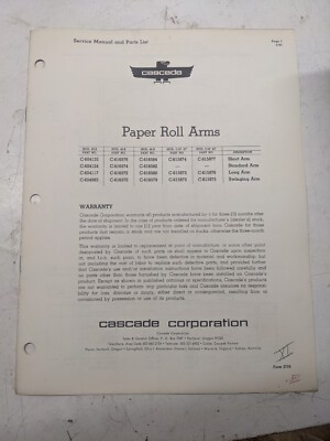 Cascade Service Manual And Parts List Paper Roll Arms 2759 1964 20-B 40 60 C-5P