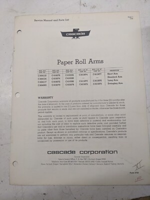 Cascade Service Manual And Parts List Paper Roll Arms 2759 1964 20-B 40 60 1964