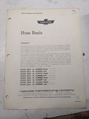 Cascade Service Manual Parts List Hose Reel H3 H5 Series 2719 1962 L R -5 -6 -8