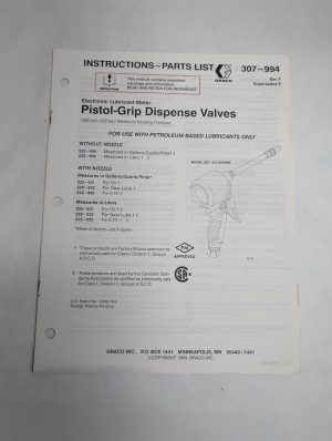 Gracy Pistol Grip Dispense Electronic Lubricant Meter 307-994 Parts List Manual~