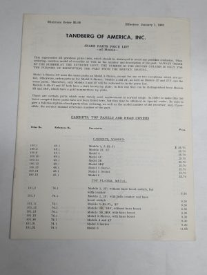 Tandberg Of America Spare Parts Price List All Models 1961 Stereo Literature