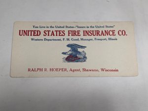 Vintage United State Fire Insurance Company Agent Card Shawano Wisconsin Ralph