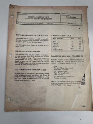 Assembly Instructions 8320 8330 Mower Conditioner Rac 8-93050 1987