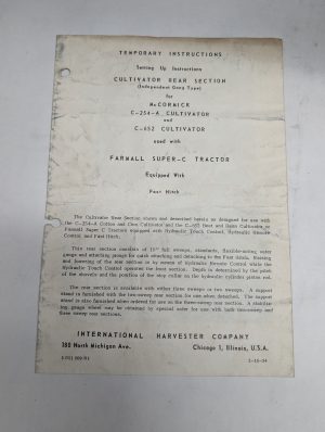 International Ih Temporary Instructions Setup Mccormick Cultivator C-254-A C-652