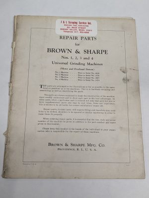 Brown & Sharpe Repair Parts List Manual 1 2 3 4 Universal Grinding Machines 1942