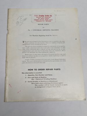 Brown & Sharpe Service Repair Parts List Manual #1 Universal Grinding Machine