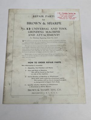 Brown & Sharpe Service Repair Parts List Manual #13 Tool Grinding Machine