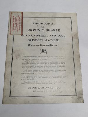 Brown & Sharpe Service Repair Parts List Manual #13 Tool Grinding Machine 1955