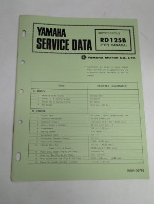 Original Oem Yamaha Service Data Sheets Motorcycle Specifications Rd125B
