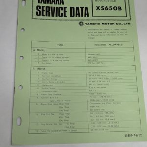 Original Oem Yamaha Service Data Sheets Motorcycle Specifications Xs650B