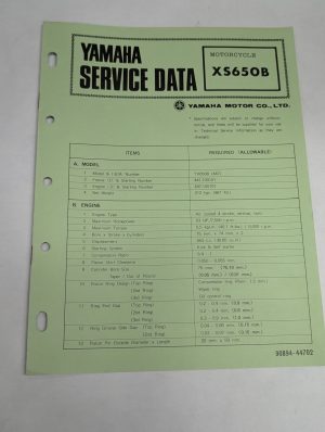 Original Oem Yamaha Service Data Sheets Motorcycle Specifications Xs650B