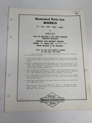Briggs & Stratton Illustrated Parts List Catalog Model Series 9 9B 9Fb 9R6 9R6D