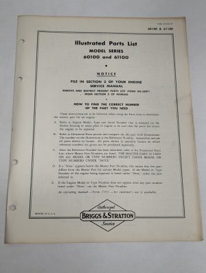 Briggs & Stratton Illustrated Parts List Catalog Manual Model Series 60100 61100