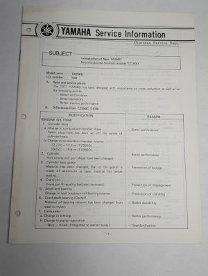 Oem Yamaha Tz250D Service Information Sheets Motorcycle Model Updates