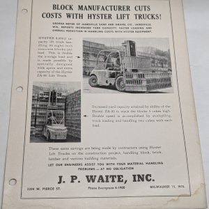 Hyster Forklift J P Waite Single Page Advertisment Literature Brochure