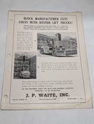 Hyster Forklift J P Waite Single Page Advertisment Literature Brochure