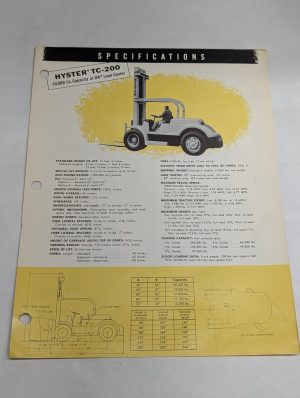 Hyster Forklift Specifications Sheet Sales Brochure Information Page Tc-200 1956