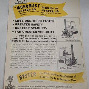 Hyster Monomast Sales Literature Brochure Information Sheet Fork Lift