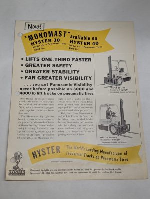 Hyster Monomast Sales Literature Brochure Information Sheet Fork Lift
