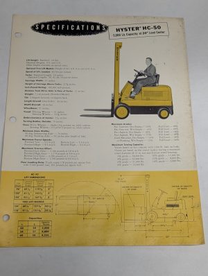 Hyster Hc-50 Specification Sales Literature Brochure Information Sheet Forklift