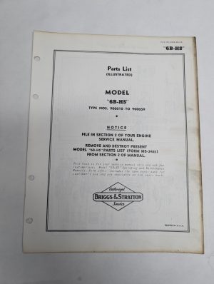 Briggs & Stratton Engine Illustrated Parts List Catalog Manual 6B-Hs Ms-3494