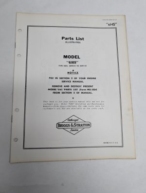 Briggs & Stratton Engine Illustrated Parts List Catalog Manual 6Hs Ms-3408