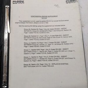 Clark Continental Engine Supplement Oh-522 1986 Fork Lift Truck Overhaul Manual