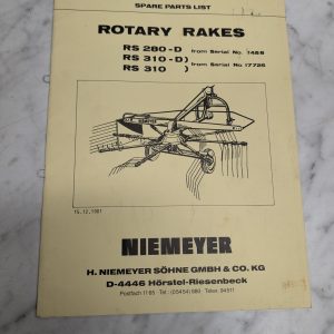 Niemeyer Rotary Rakes Rs 280-D 310-D Instruction Manual Parts List Catalog 1981