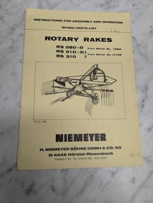 Niemeyer Rotary Rakes Rs 280-D 310-D Instruction Manual Parts List Catalog 1981
