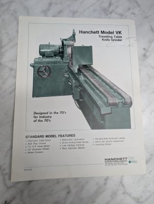 Hanchett Model Vk Traveling Wheel Knife Grinder Sales Information Brochure