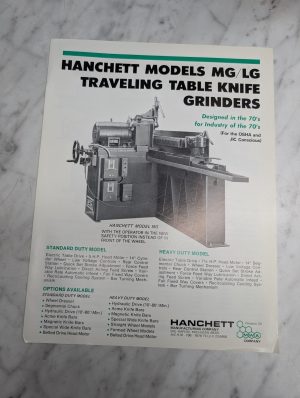 Hanchett Model Mg Lg Traveling Wheel Knife Grinder Sales Information Brochure