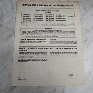 Installation & Operating Instruction Guide Heat Pump Evaporator Coil 1991