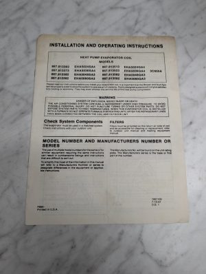 Installation & Operating Instruction Guide Heat Pump Evaporator Coil 1991