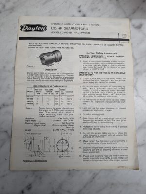 Dayton 1/20 Hp Gear Motors 3M125B 3M128B Operating Instruction Parts Manual