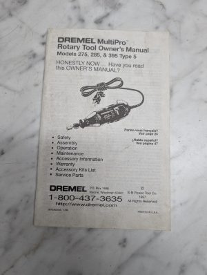 Dremel Multipro Rotary Tool Owner'S Manual 275 285 395 Type 5 1999 Operators