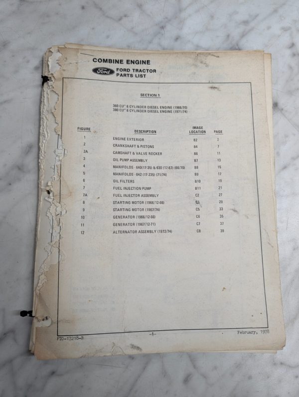 Ford Tractor Repair Parts List Manual Catalog Combine Engine 360 380 Cu ...