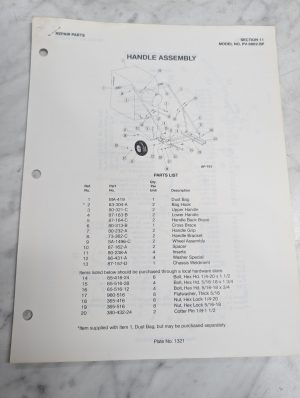 Parker Sweeper Repair Parts List Sheets Catalog Model Pv-8802-Bp