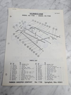 Parker Sweeper Repair Parts List Sheets Catalog Model Hc-7760 7780 Hurricane