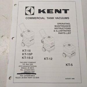 Kent Operating Maintenance Manual Parts List Book Vacuum Kt 15 12 5 P 2 1992