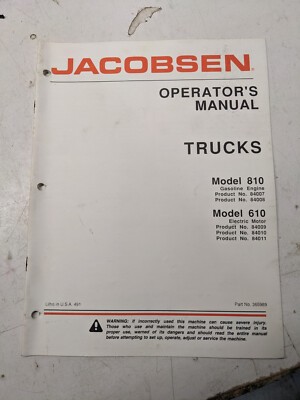 Jacobsen Operators Manual Trucks Model 810 610 1991 Textron 365989