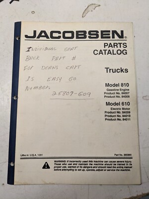 Jacobsen Parts List Book Manual Trucks Catalog Model 810 610 1991 Textron 365990