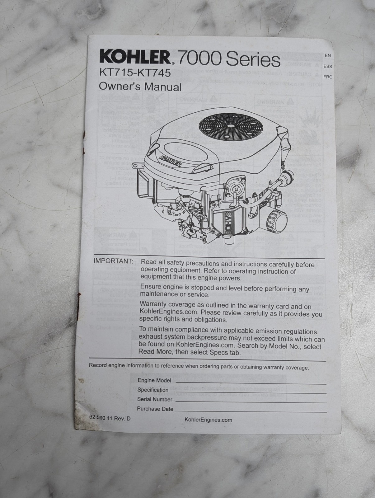 Kohler 7000 Series Kt715 Kt745 32 590 11 Owners Operators Manual Maintenance