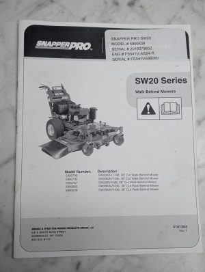 Snapper Pro Sw20 Series Walk-Behind Mowers Manual Operators Owners Guide Book