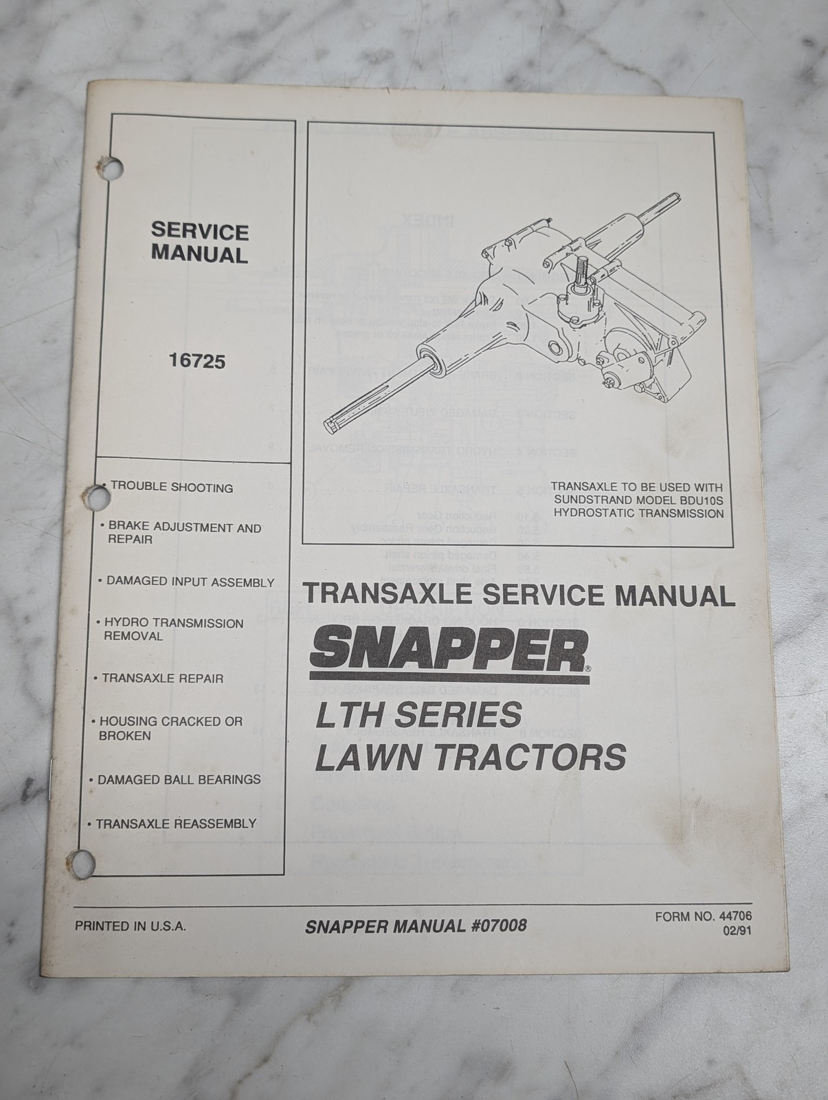 Snapper Lth Series Lawn Tractors 16725 Transaxle Service Manual Repair Book