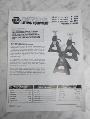 Napa Professional Lifting Equipment 7915050 7915160 7915220 Operators Owners
